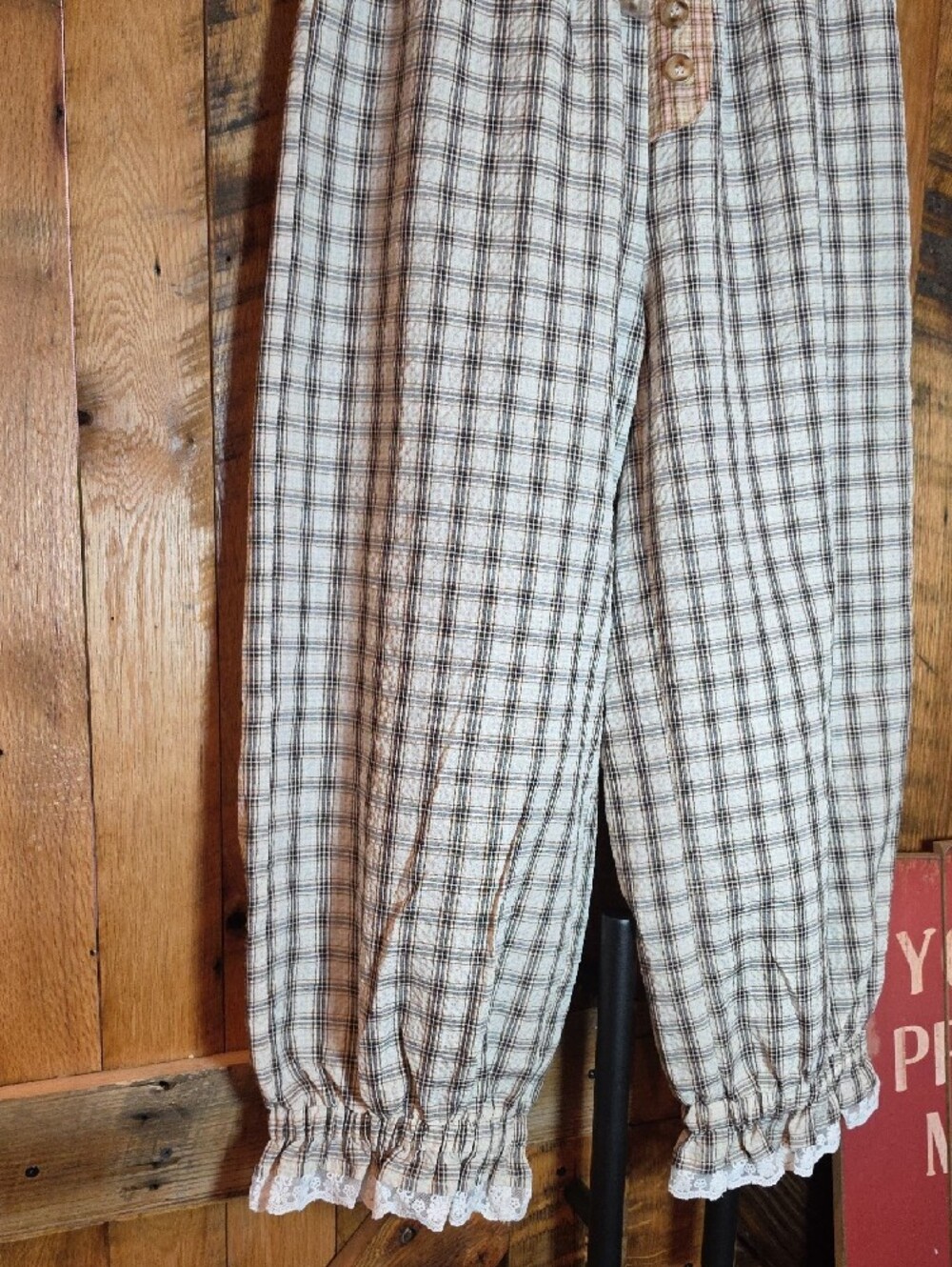 207p Oddi Plaid Ruffle Hem Pants - Cream Brown - Picture 8 of 16